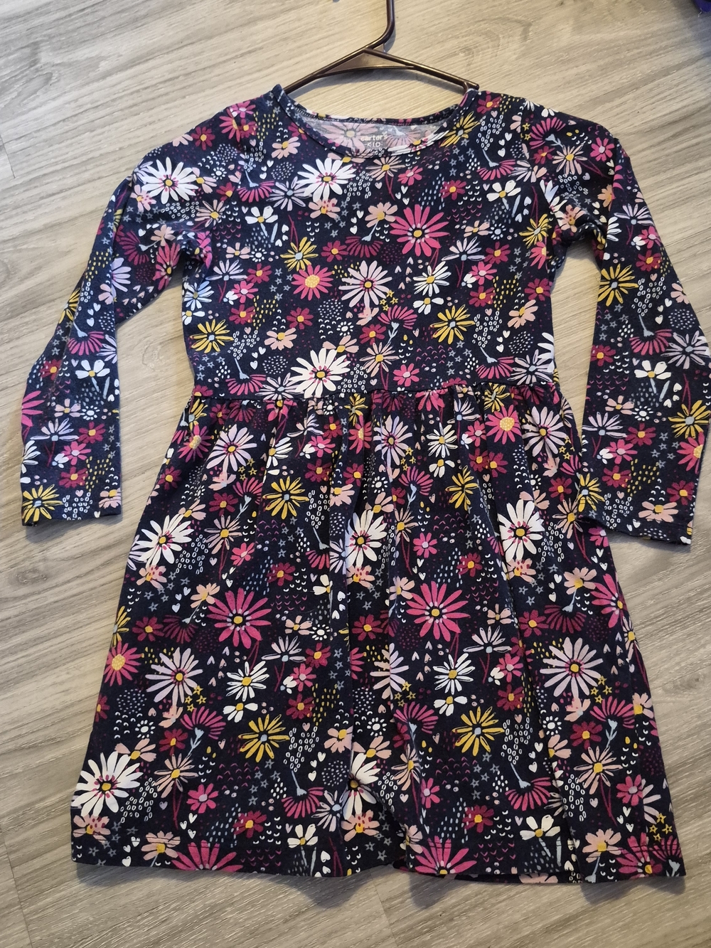 Carter's Navy Floral Long-Sleeve Dress with Pink & Yellow Flowers
